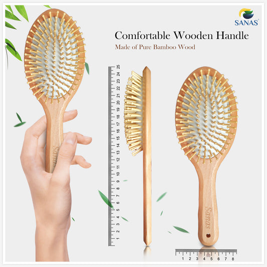 Bamboo Wood Hair Brush with Comfortable Wooden Handle, featuring a pure bamboo design with soft bristles. Product shown with measurements and in-hand demonstration for scale