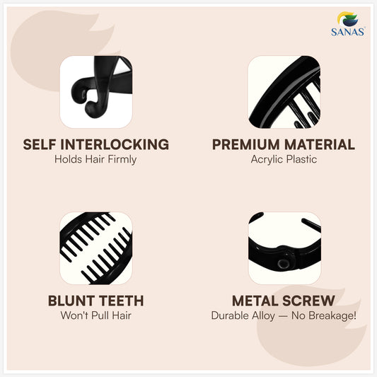 Product features of hair clips with icons and text on a beige background
