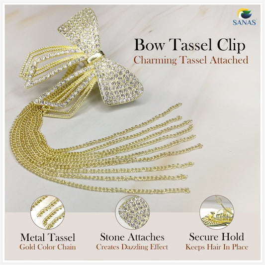 Sanas Rhinestone Bow Knot Tassel Clip 1Pc