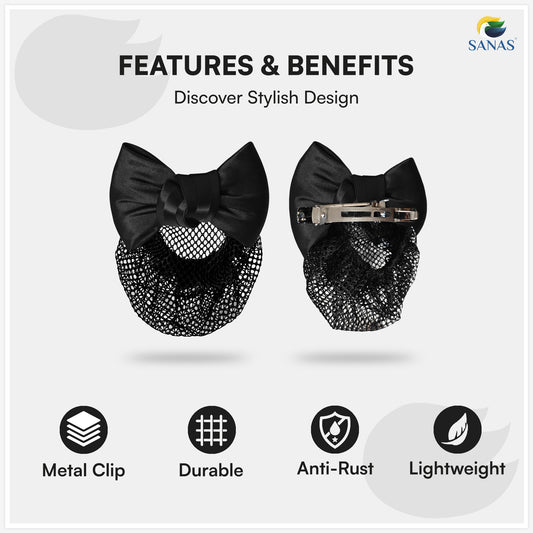 Sanas Plain Barrette Bow Net (Jet Black) 1 Pc