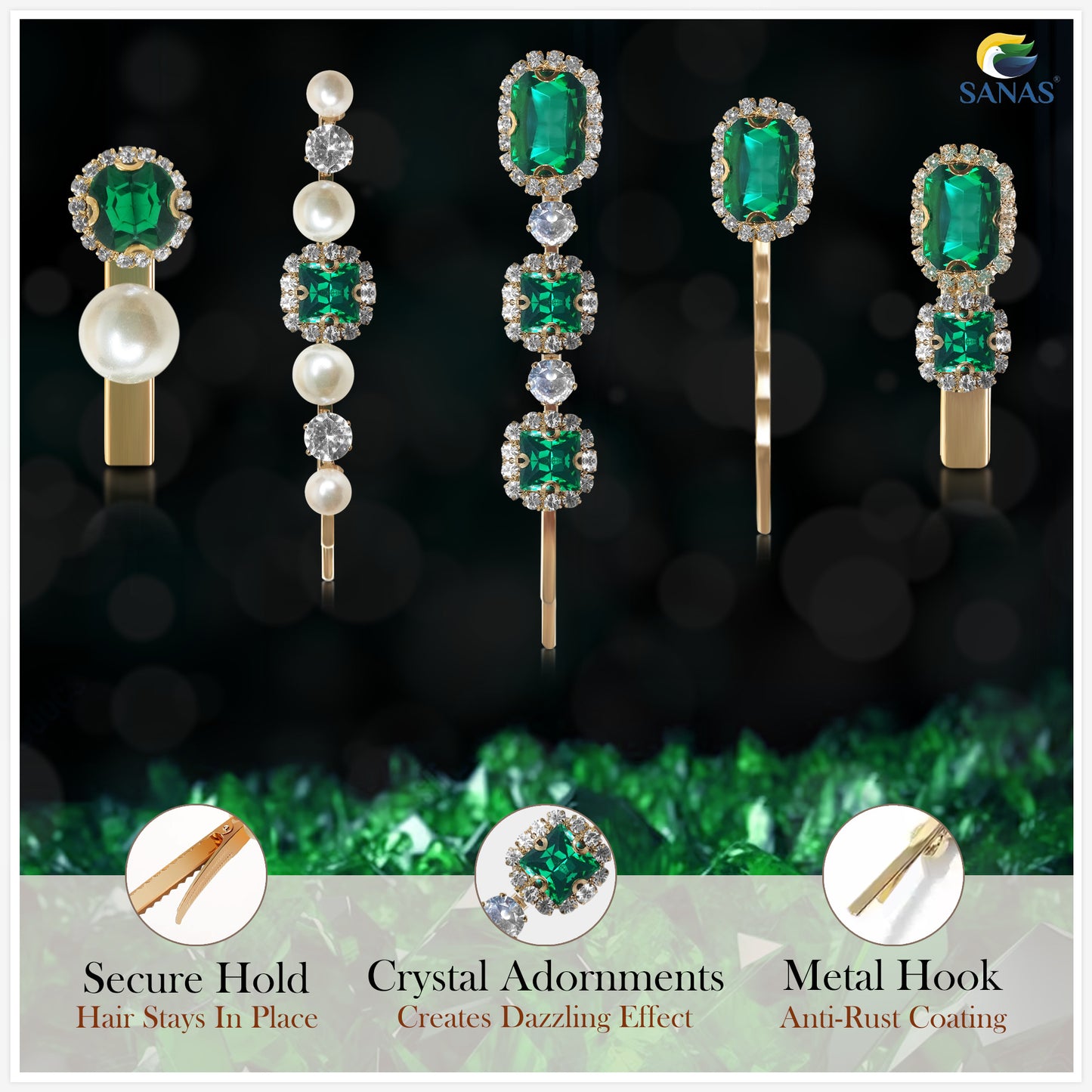 Sanas Rhinestones Decorative Hair Pins - 5Pcs