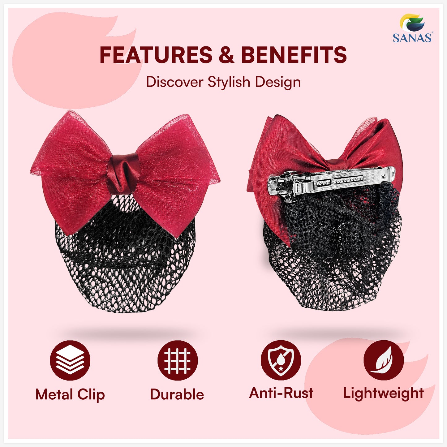 SANAS (1 Pc) Hair Clip Juda Net Shiny Red Mesh Pattern Hair Accessories for Women (1 Pc)