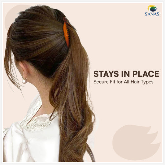 Woman with ponytail wearing a hair tie, with 'SANAS' branding and text about secure fit for all hair types.
