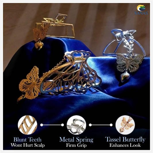 Butterfly-shaped hair clips on a blue fabric background with product features displayed.