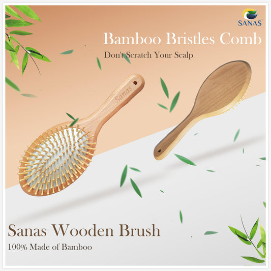 wooden hairbrush with bamboo bristles, designed to prevent scalp scratching. Made from 100% bamboo, shown in Lightweight and eco-friendly, featuring a comfortable wooden handle