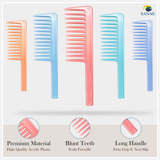 Sanas Wide Teeth Shower Shampoo Comb 2Pcs Assorted Colours