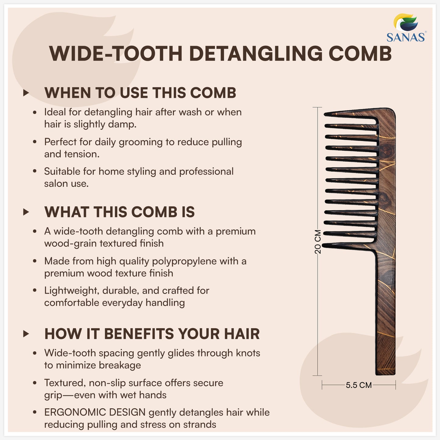 Sanas Comb Set For Women (7Pcs) Wood-Like Plastic Wooden Comb