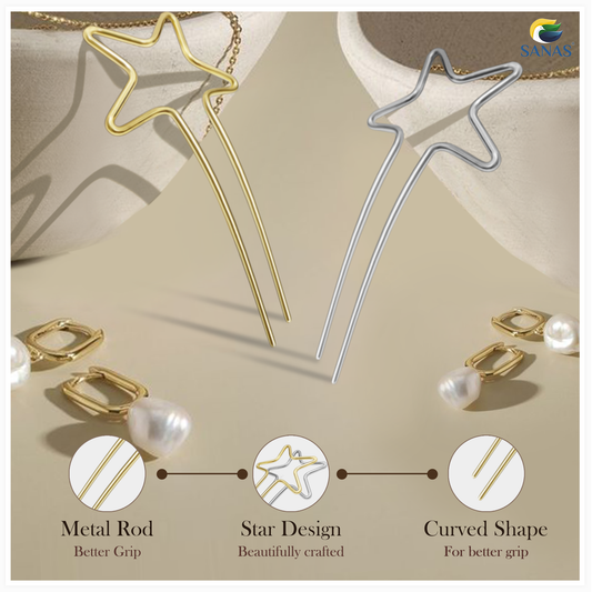 Sanas Star Metal Hair U Pin - 2Pcs (Golden & Silver)