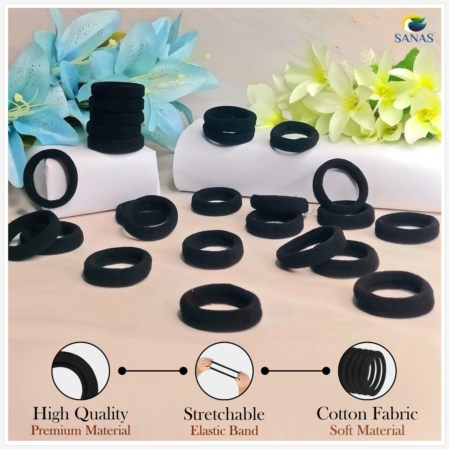 Sanas Black Cotton Hair Rubber Band - 12Pcs