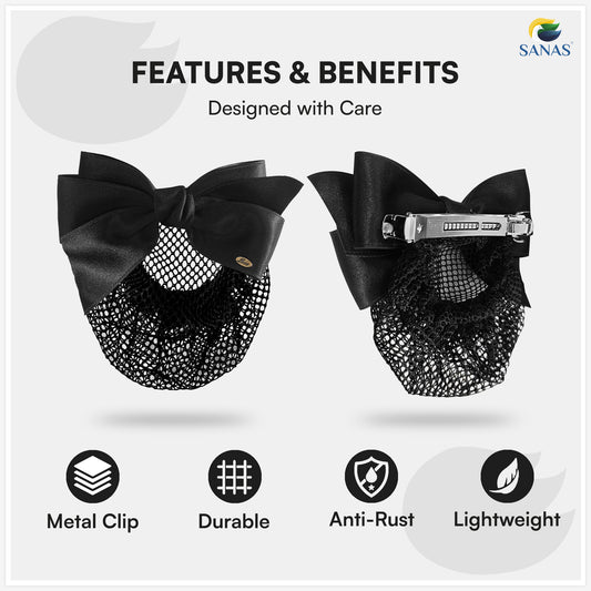 Sanas Hair Clip Juda Net For Women Black Bow- Golden Love Tag (1Pc)
