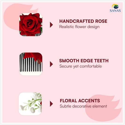 Sanas (1Pc) Red Rose Hair Accessories For Women Stylish French Pins For Hair Brooch For Women Traditional Artificial Flower For Hair Bun Accessories For Woman Party (Realistic Red Rose Shade)(1Pc)