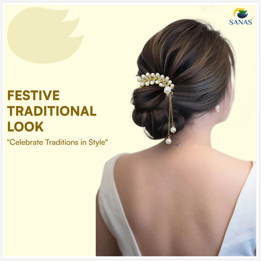 Sanas  Leaf Shape Pearl U Pin For Hair Styling Juda Pin Bun Accessories 1Pc Golden