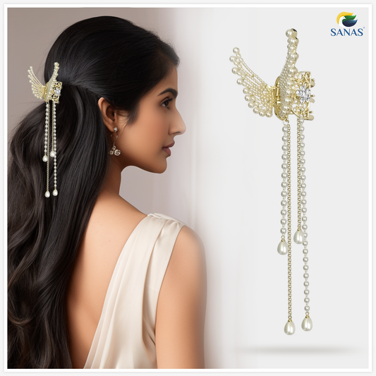Artificial hair gajra with butterfly pearl tassel clip