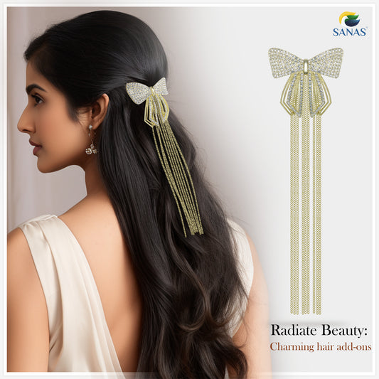 Sanas Rhinestone Bow Knot Tassel Clip 1Pc