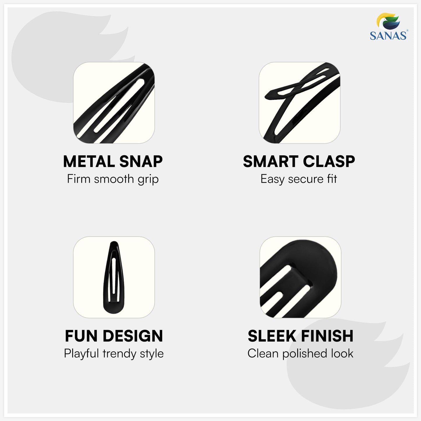 Small black tic tac hair clips with strong metal snap lock