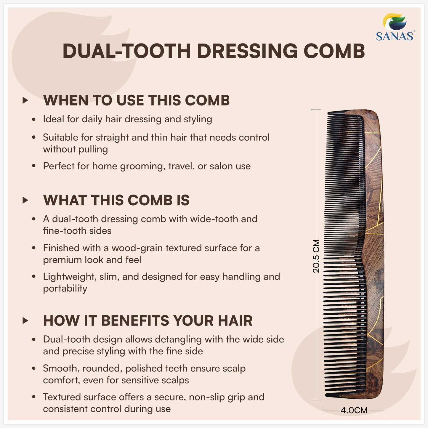 Sanas Comb Set For Women (7Pcs) Wood-Like Plastic Wooden Comb