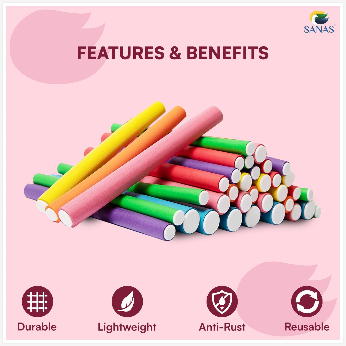 Sanas Heatless Curler For Hair Women Flexi Rods - 20-Piece