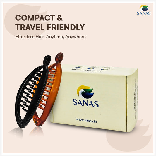 Two hair clips and their packaging with 'SANAS' branding on a beige background.