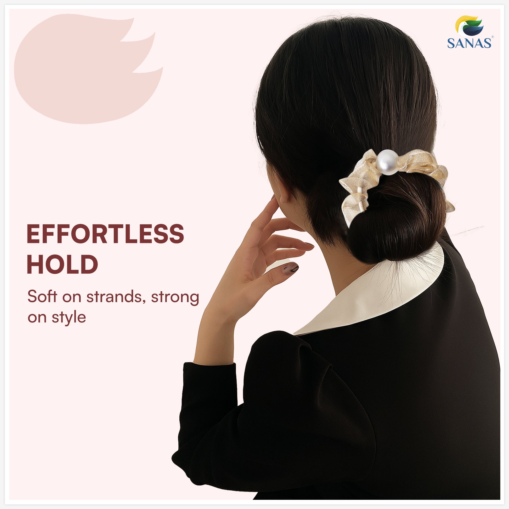 Woman with styled hair using a hair tie, with 'SANAS' branding and product description text.