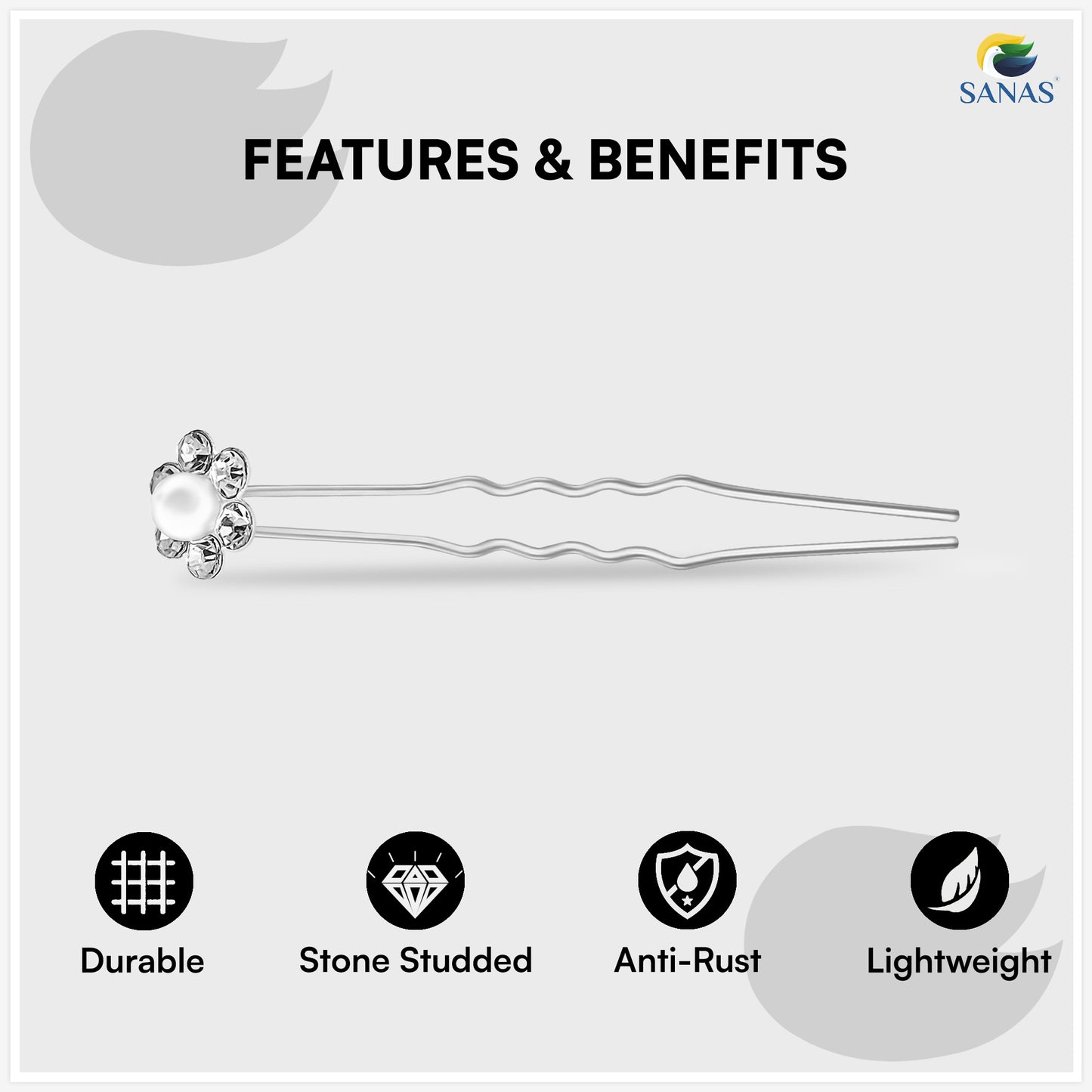 Sanas Pearl Juda Pin Set – CR Silver Bun & Updo Hair Accessories – 12 Pcs