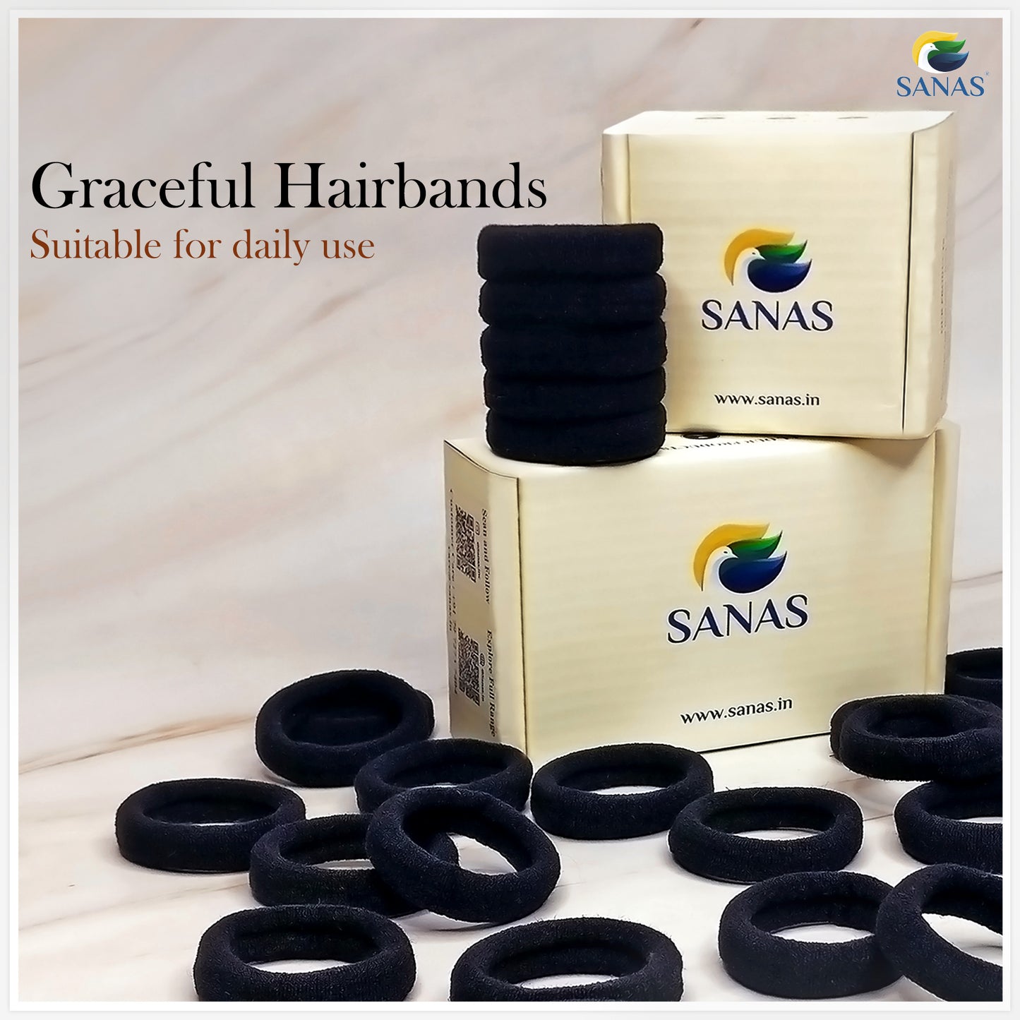 Sanas Black Cotton Hair Rubber Band - 12Pcs
