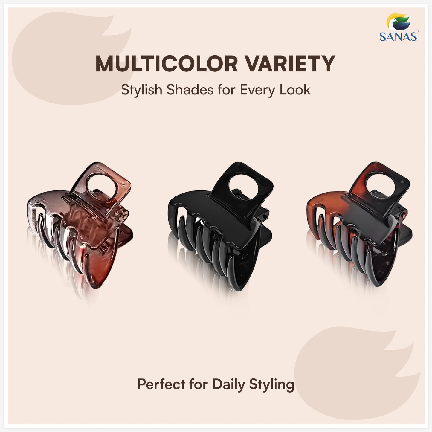 SANAS (3 Pcs) Hair Claw Clips Stylish Aesthetic Clutchers Cute Hair Accessories for Women and Girls Black Brown and Dual Tone (3 Pcs)