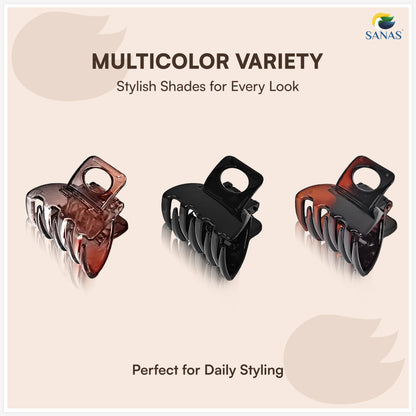 SANAS (3 Pcs) Hair Claw Clips Stylish Aesthetic Clutchers Cute Hair Accessories for Women and Girls Black Brown and Dual Tone (3 Pcs)