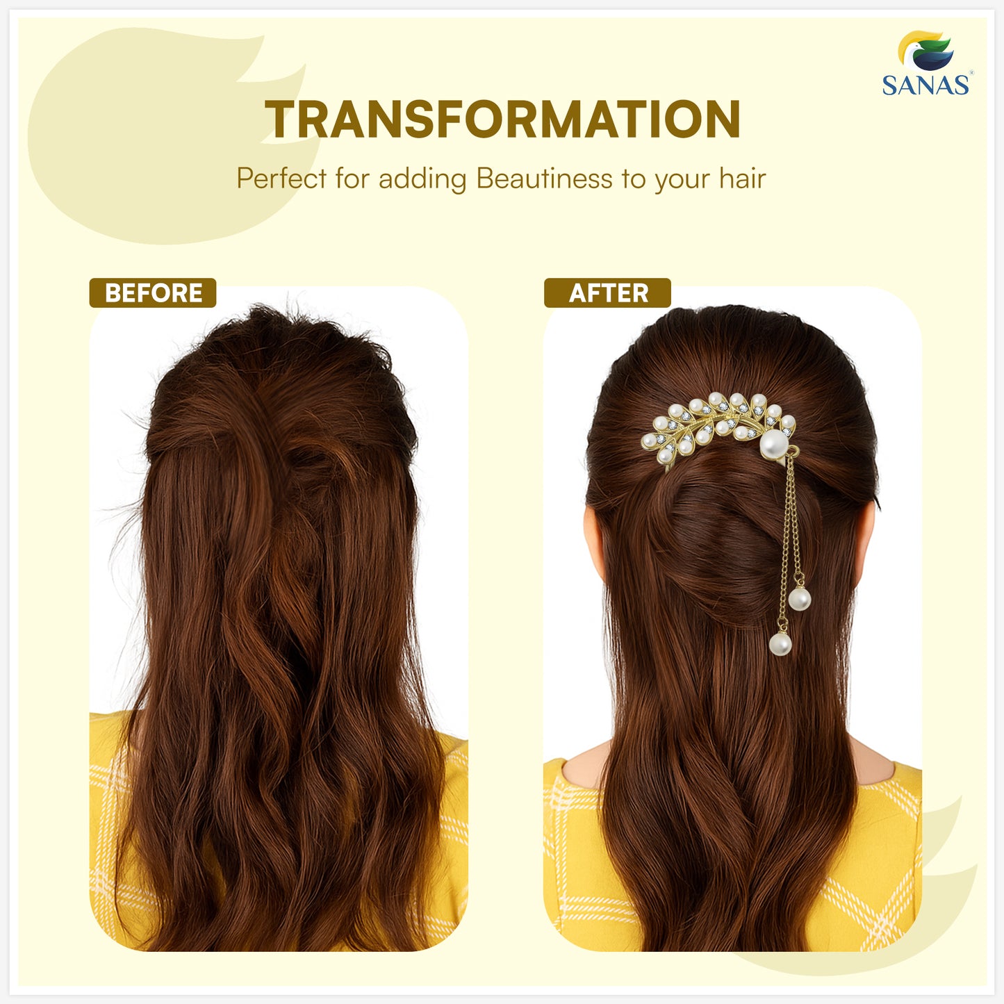 Sanas  Leaf Shape Pearl U Pin For Hair Styling Juda Pin Bun Accessories 1Pc Golden