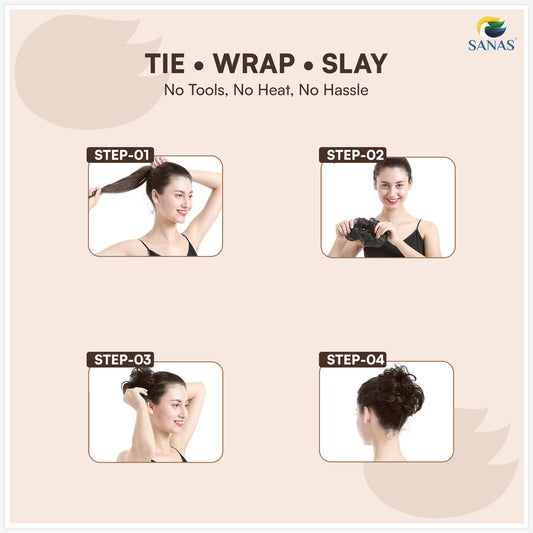 Natural look messy bun hair extension brown