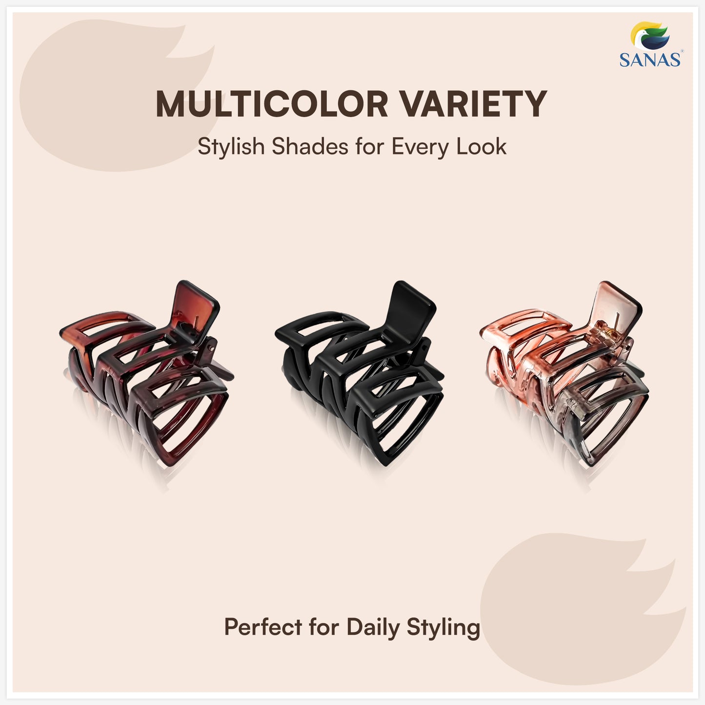 SANAS (3 Pcs) Plastic Hair Claw Clips Stylish Aesthetic Clutchers Hair Accessories for Women and Girls Versatile 3 Shades (3 Pcs)