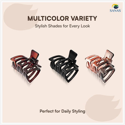 SANAS (3 Pcs) Plastic Hair Claw Clips Stylish Aesthetic Clutchers Hair Accessories for Women and Girls Versatile 3 Shades (3 Pcs)