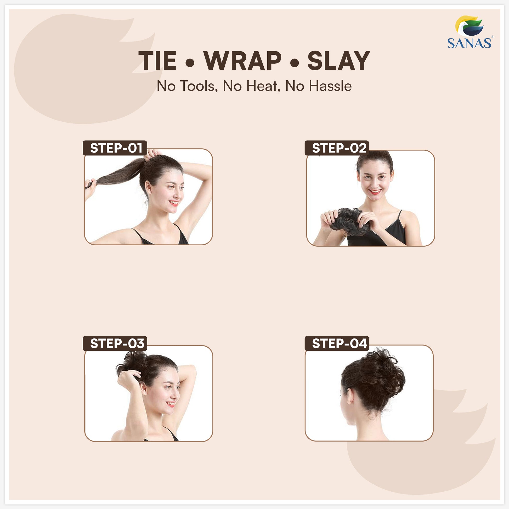 Step-by-step hair styling guide with a woman demonstrating the process, featuring the brand 'SANAS'. Clip in hair bun alternative for quick messy bun hairstyles