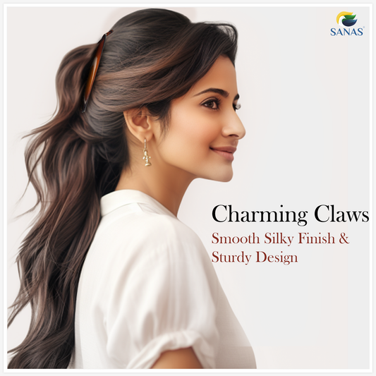 Woman with styled hair featuring 'Charming Claws' product, with 'SANAS' branding.
