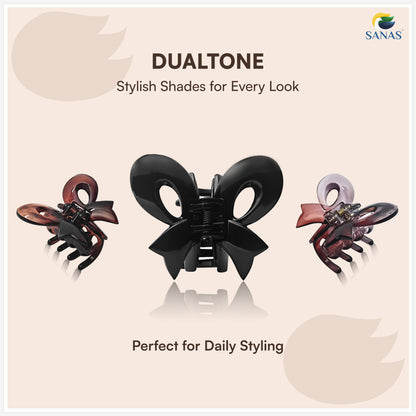 SANAS (3 Pcs) Bow Hair Clips Stylish Clutchers Aesthetic Claw Clips Hair Accessories for Women and Girls Black Brown and Dual Tone (3 Pcs)