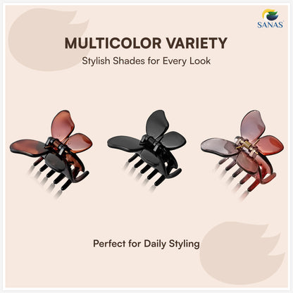 SANAS (3 Pcs) Butterfly Hair Claw Clips Stylish Aesthetic Clutchers Hair Accessories for Women and Girls Versatile 3 Shades (3 Pcs)
