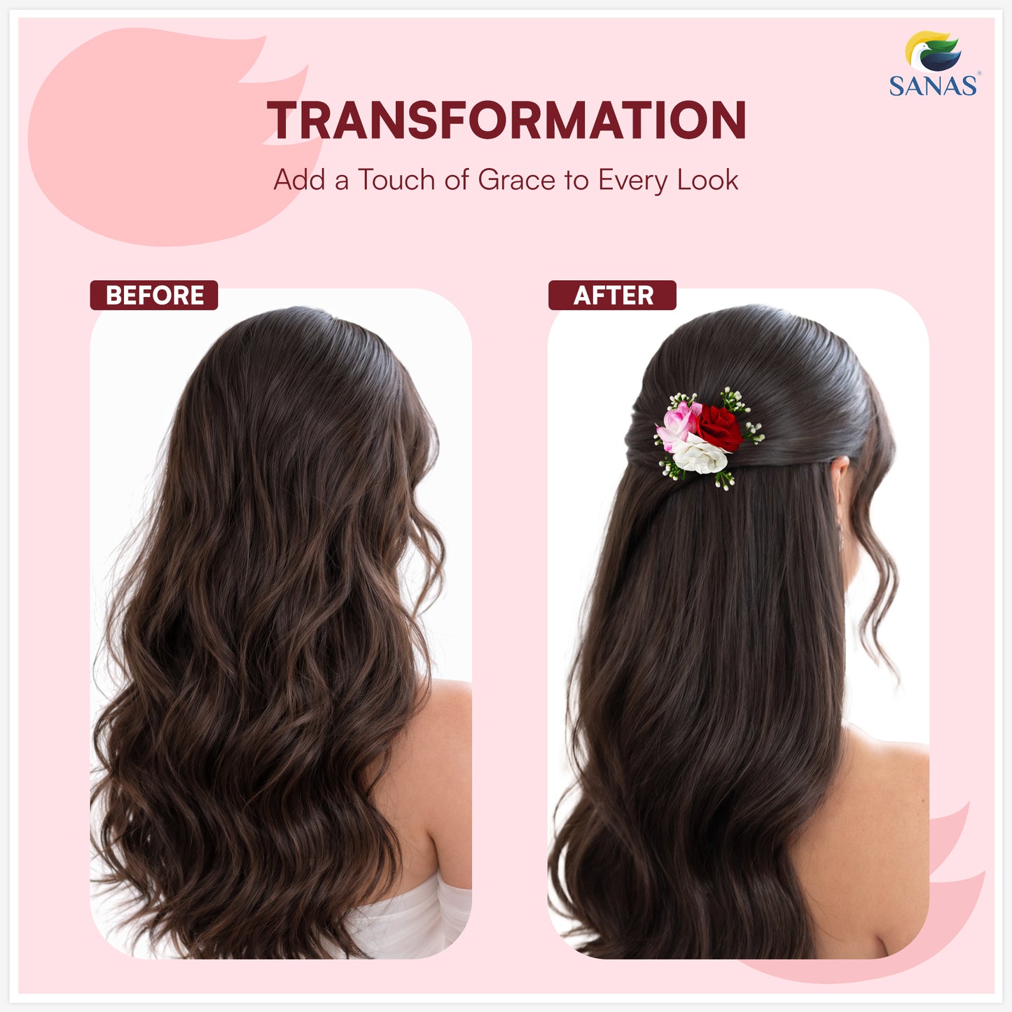 Sanas (2Pcs) Rose Clips For Women Stylish Artificial Flower For Hair Accessories For Woman Wedding Alligator Hair Clips For Girls Hair Flower Accessories For Women (Fancy Red, Pink, White Rose) (2Pcs)