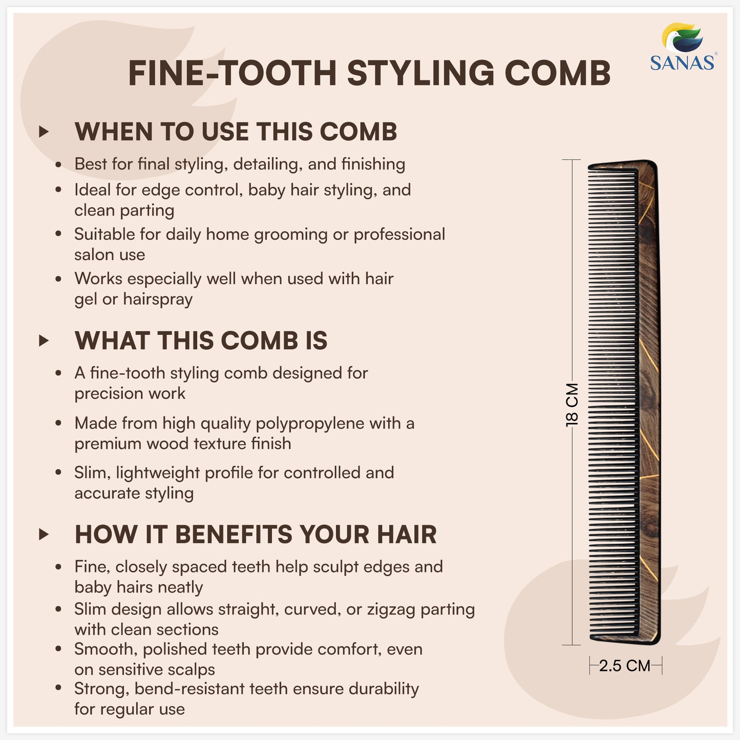 Sanas Comb Set For Women (7Pcs) Wood-Like Plastic Wooden Comb