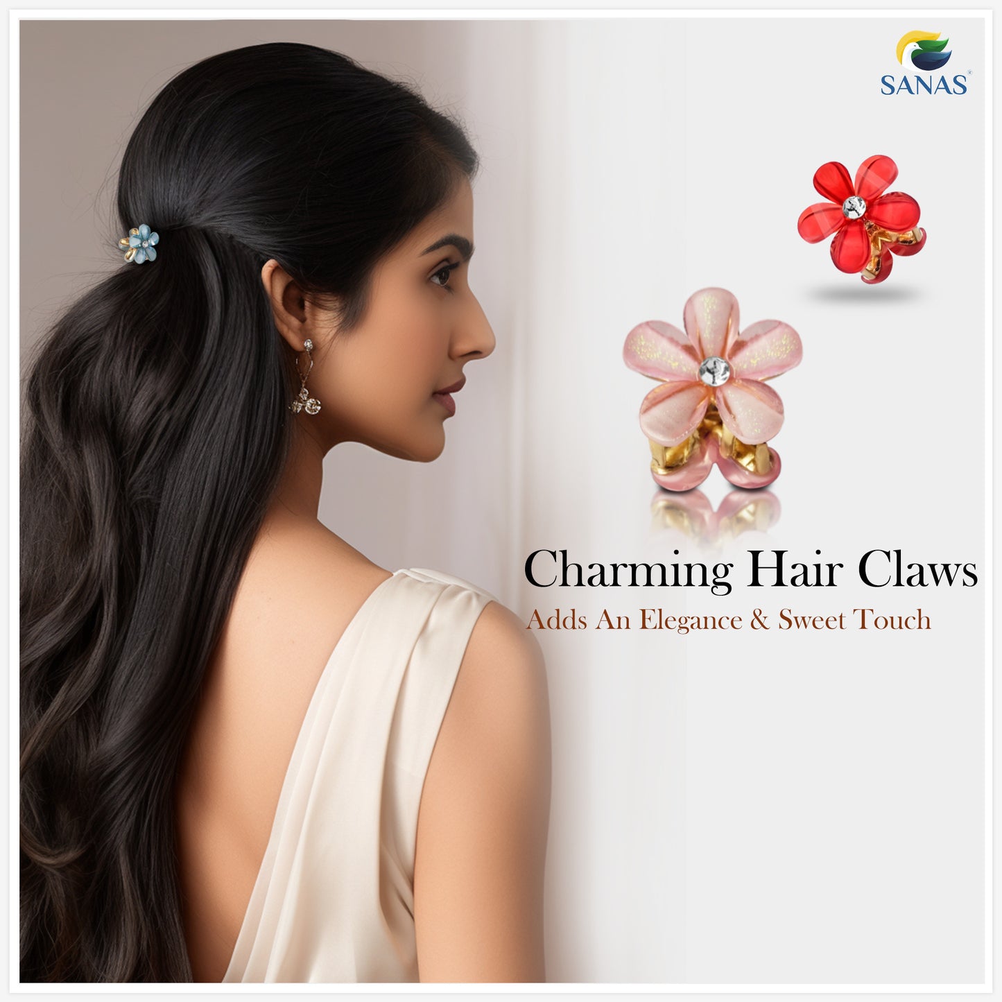 Sanas Shiny Stone Flower Clips - 7Pcs