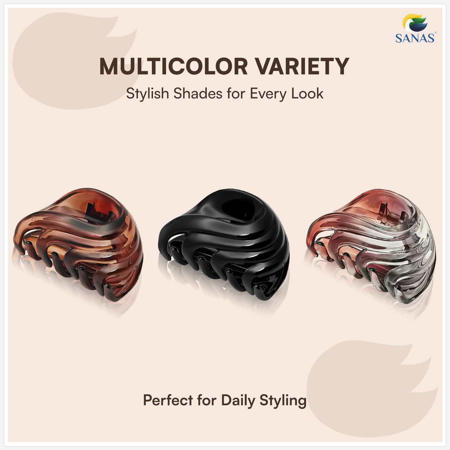 SANAS (3 Pcs) Korean Hair Claw Clips Stylish Aesthetic Clutchers Hair Accessories for Women and Girls Black Brown and Dual Tone (3 Pcs)