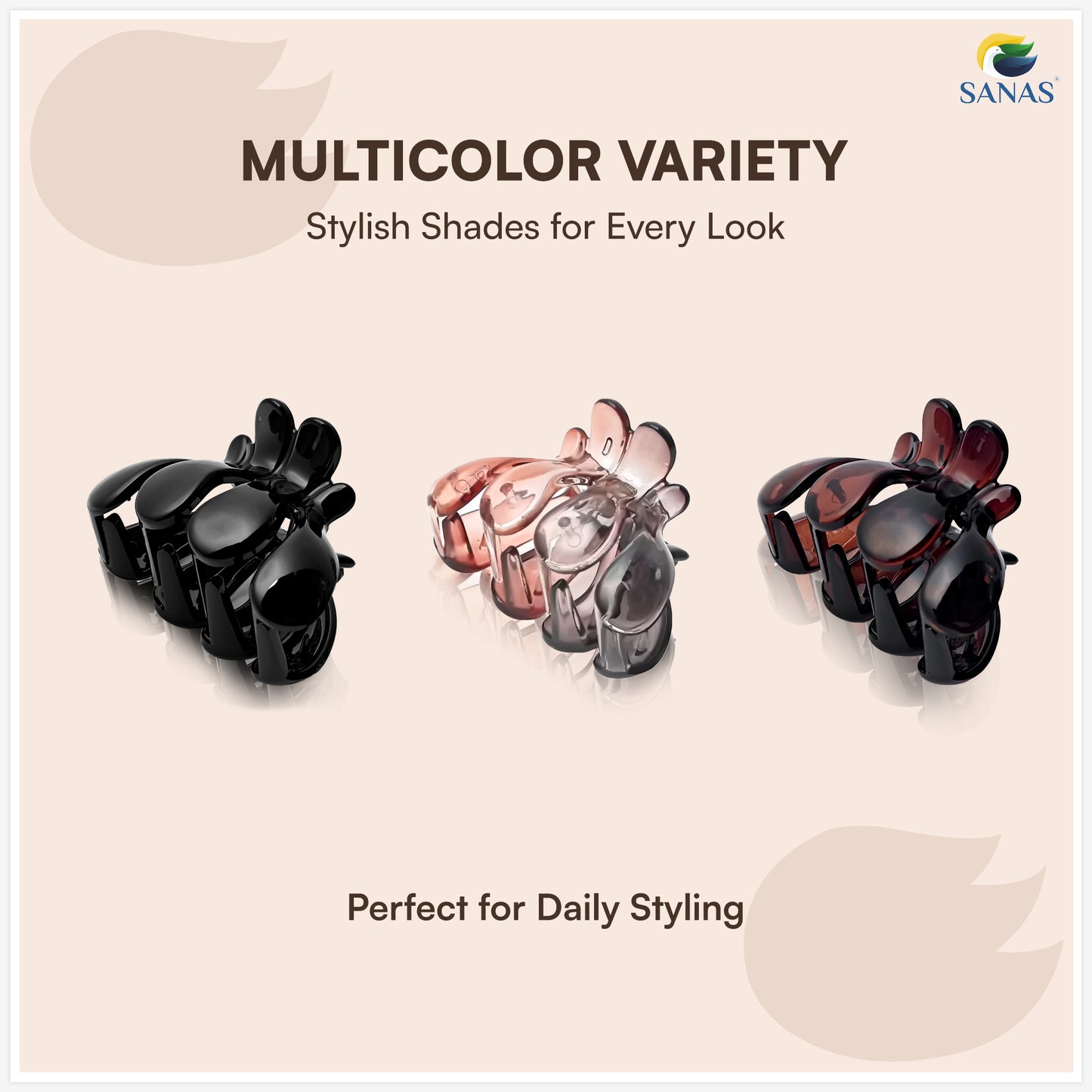 SANAS (3 Pcs) Stylish Plastic Hair Clutchers Trendy Unbreakable Cute Hair Accessories for Women and Girls Versatile 3 Shades (3 Pcs)