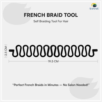 Hair braiding tool with measurements and branding on a white background