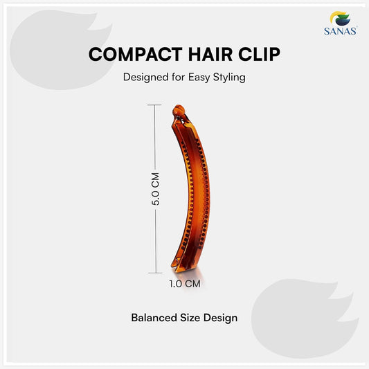 Compact hair clip with dimensions and Sanas branding on a white background  - Premium acrylic banana clip for ponytail and bun hairstyles