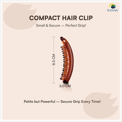 Compact hair clip with dimensions and branding on a beige background