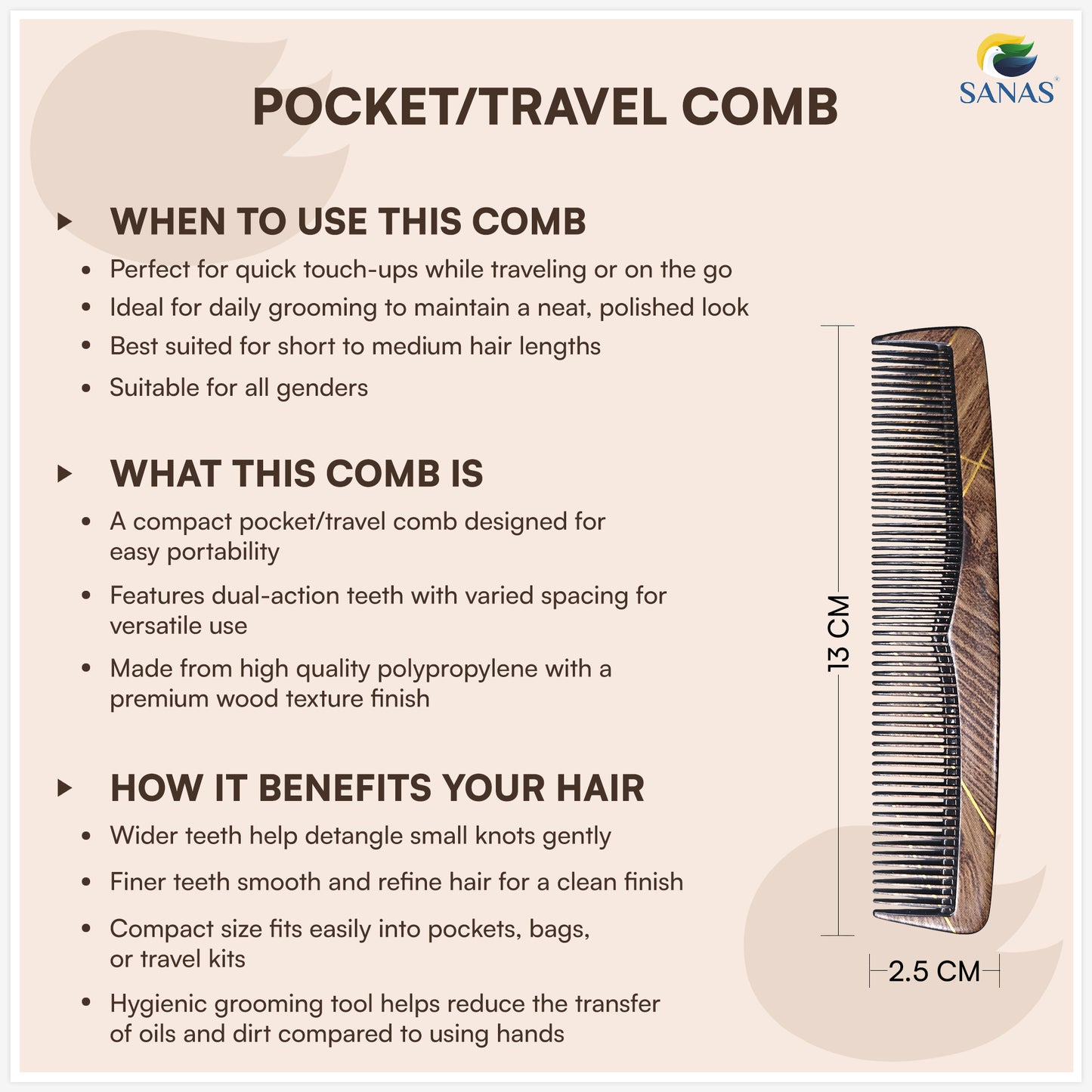 Sanas Comb Set For Women (7Pcs) Wood-Like Plastic Wooden Comb