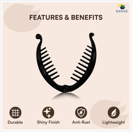 Black metal product with features and benefits listed on a beige background