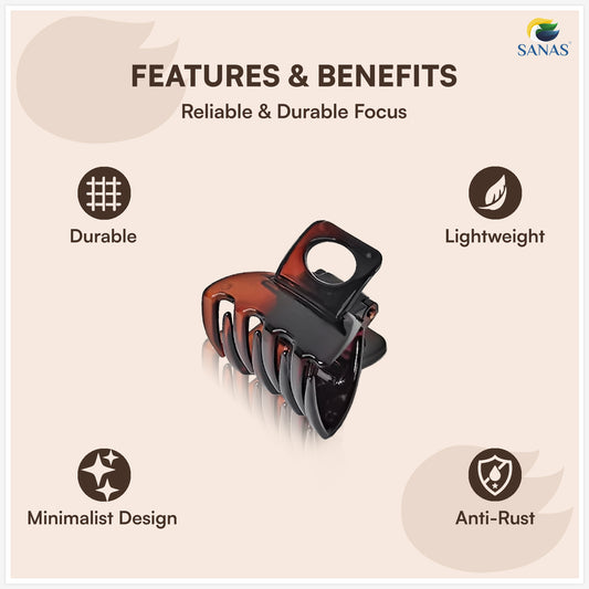 SANAS (3 Pcs) Hair Claw Clips Stylish Aesthetic Clutchers Cute Hair Accessories for Women and Girls Black Brown and Dual Tone (3 Pcs)