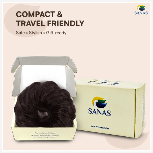 SANAS hair product packaging with a bun and brand logo on a beige background