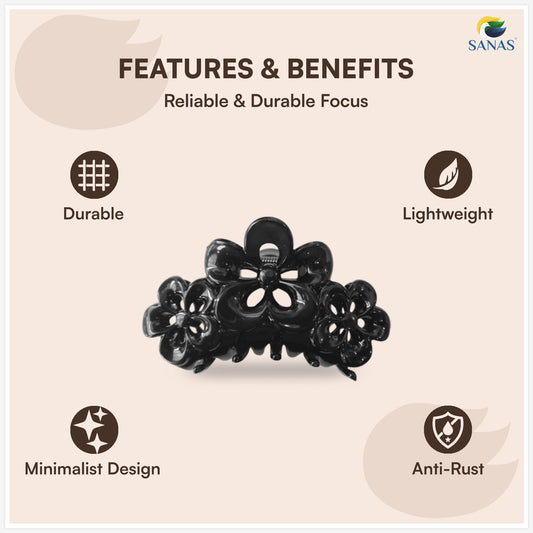 Black floral hair clip with features and benefits listed on a beige background