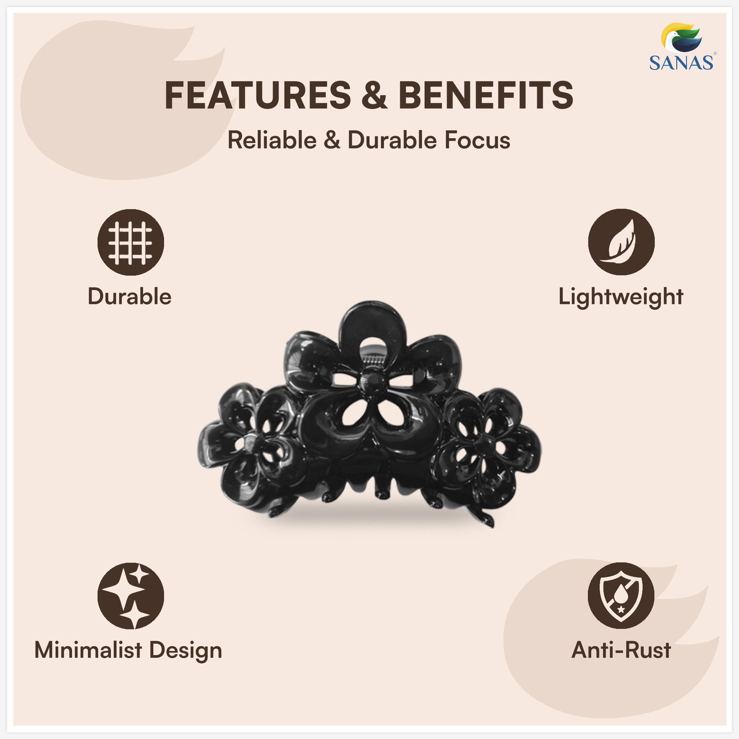Black floral hair clip with features and benefits listed on a beige background