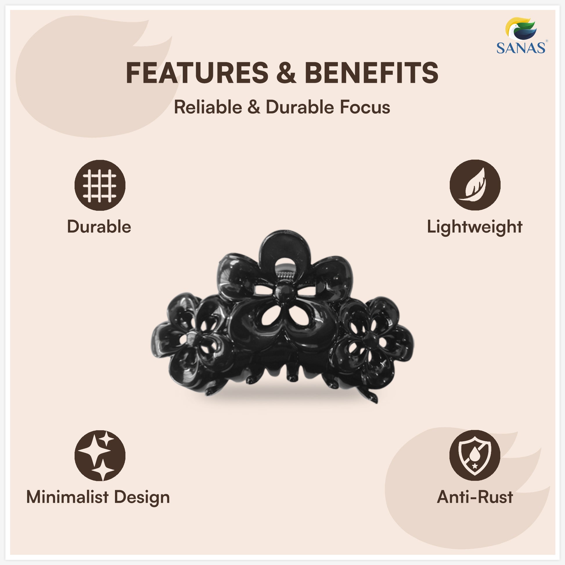 Black floral hair clip with features and benefits listed on a beige background